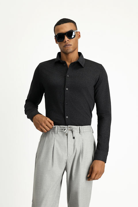 Koyu Antrasit Melanj Uzun Kol Regular Fit Çizgili Örme Pamuk Gömlek