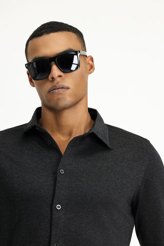  Koyu Antrasit Melanj Uzun Kol Regular Fit Çizgili Örme Pamuk Gömlek