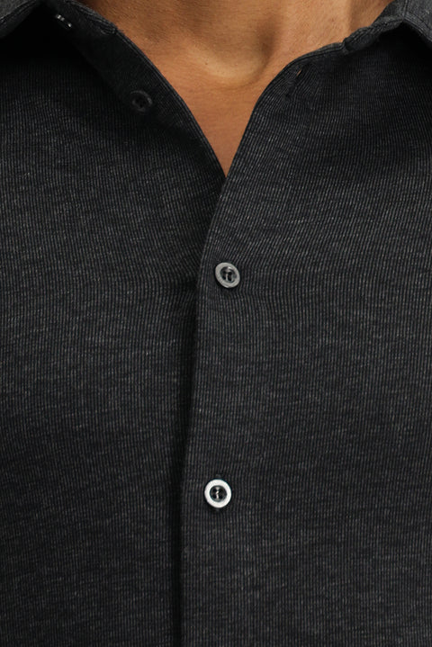 Koyu Antrasit Melanj Uzun Kol Regular Fit Çizgili Örme Pamuk Gömlek