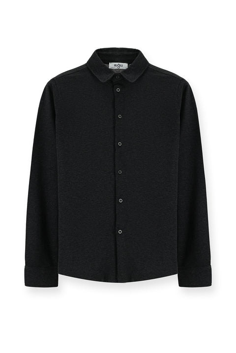 Koyu Antrasit Melanj Uzun Kol Regular Fit Çizgili Örme Pamuk Gömlek