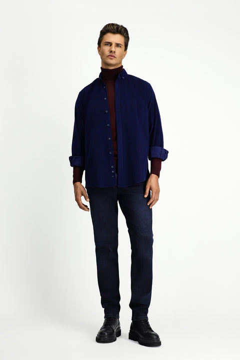Medium Navy Long Sleeve Regular Fit Sport Button-Down Collar Cotton Velvet Shirt