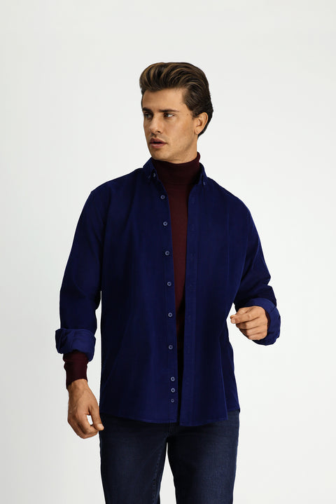 Medium Navy Long Sleeve Regular Fit Sport Button-Down Collar Cotton Velvet Shirt