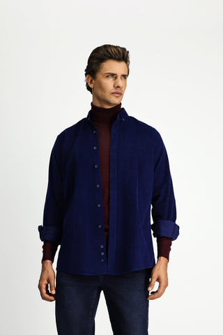  Orta Lacivert Uzun Kol Regular Fit Spor Düğmeli Yaka Pamuk Kadife Gömlek
