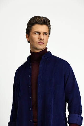  Orta Lacivert Uzun Kol Regular Fit Spor Düğmeli Yaka Pamuk Kadife Gömlek