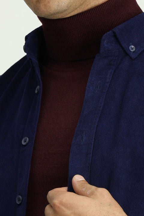 Medium Navy Long Sleeve Regular Fit Sport Button-Down Collar Cotton Velvet Shirt