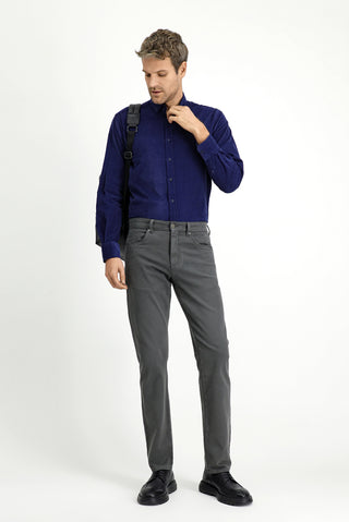  Koyu Lacivert Uzun Kol Regular Fit Spor Düğmeli Yaka Pamuk Kadife Gömlek