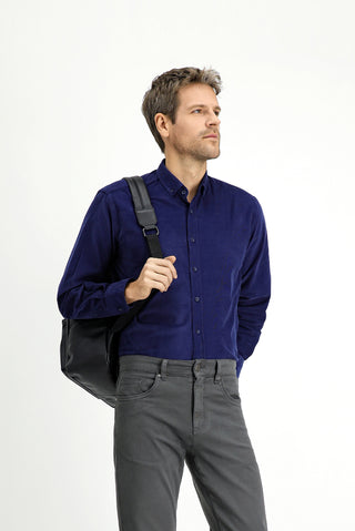  Koyu Lacivert Uzun Kol Regular Fit Spor Düğmeli Yaka Pamuk Kadife Gömlek