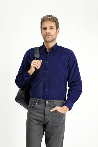  Koyu Lacivert Uzun Kol Regular Fit Spor Düğmeli Yaka Pamuk Kadife Gömlek