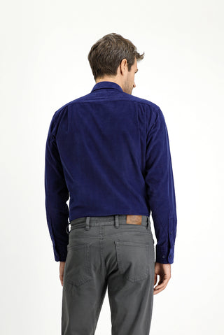  Koyu Lacivert Uzun Kol Regular Fit Spor Düğmeli Yaka Pamuk Kadife Gömlek