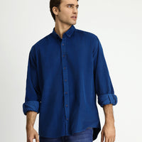 Koyu Mavi  Uzun Kol Regular Fit Spor Düğmeli Yaka Pamuk Kadife Gömlek