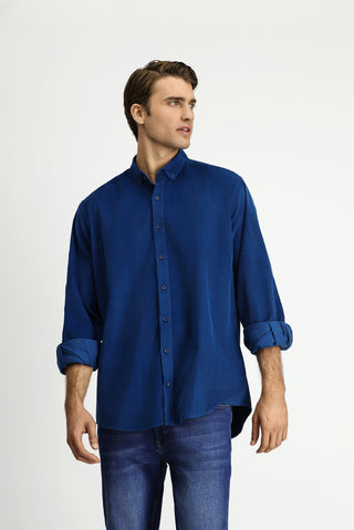  Koyu Mavi  Uzun Kol Regular Fit Spor Düğmeli Yaka Pamuk Kadife Gömlek
