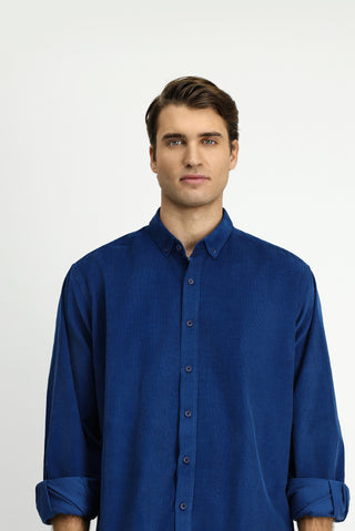  Koyu Mavi  Uzun Kol Regular Fit Spor Düğmeli Yaka Pamuk Kadife Gömlek