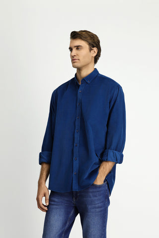 Koyu Mavi  Uzun Kol Regular Fit Spor Düğmeli Yaka Pamuk Kadife Gömlek