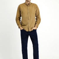 Koyu Bej Uzun Kol Regular Fit Spor Düğmeli Yaka Pamuk Kadife Gömlek