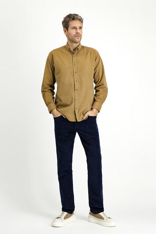  Koyu Bej Uzun Kol Regular Fit Spor Düğmeli Yaka Pamuk Kadife Gömlek