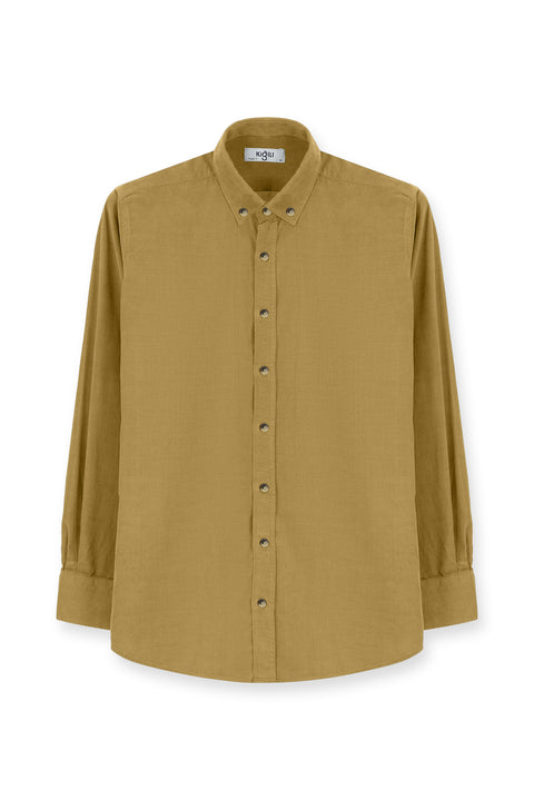 Koyu Bej Uzun Kol Regular Fit Spor Düğmeli Yaka Pamuk Kadife Gömlek