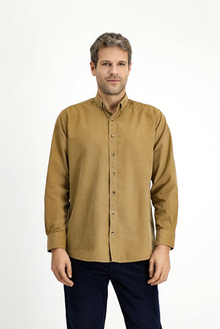  Koyu Bej Uzun Kol Regular Fit Spor Düğmeli Yaka Pamuk Kadife Gömlek