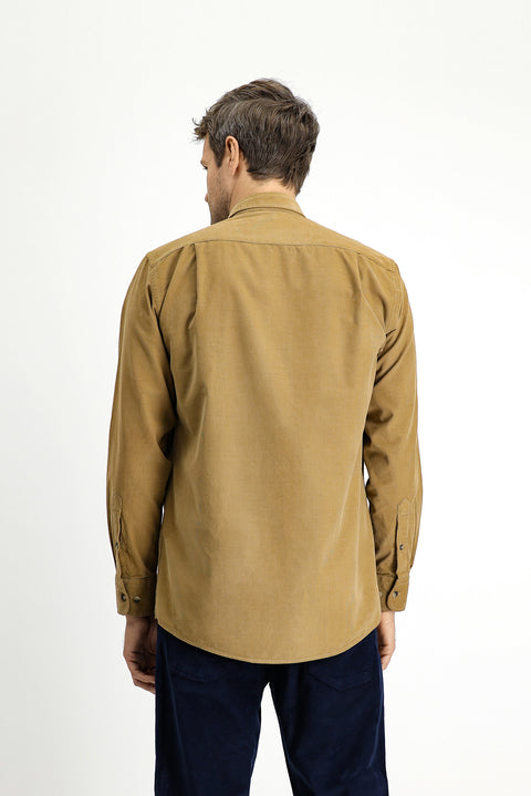 Koyu Bej Uzun Kol Regular Fit Spor Düğmeli Yaka Pamuk Kadife Gömlek
