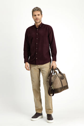  Şarap Bordo Uzun Kol Regular Fit Spor Düğmeli Yaka Pamuk Kadife Gömlek