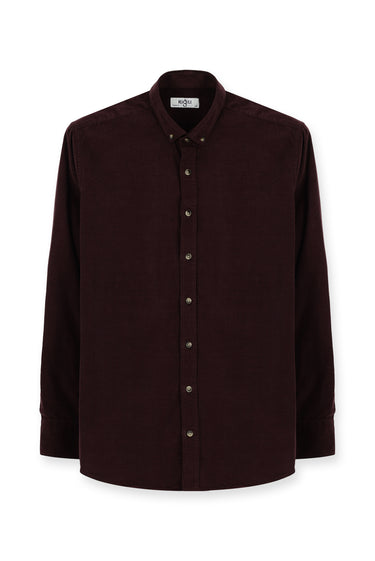 Şarap Bordo Uzun Kol Regular Fit Spor Düğmeli Yaka Pamuk Kadife Gömlek