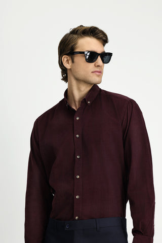  Koyu Bordo Uzun Kol Regular Fit Spor Düğmeli Yaka Pamuk Kadife Gömlek