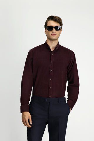  Koyu Bordo Uzun Kol Regular Fit Spor Düğmeli Yaka Pamuk Kadife Gömlek