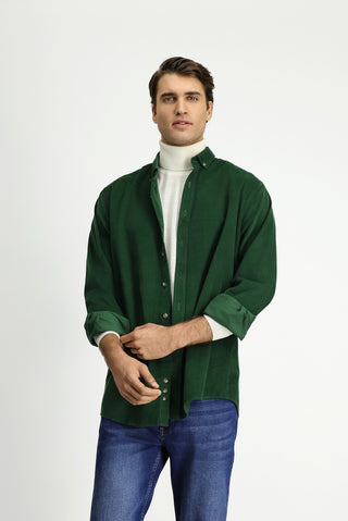  Koyu Yeşil Uzun Kol Regular Fit Spor Düğmeli Yaka Pamuk Kadife Gömlek