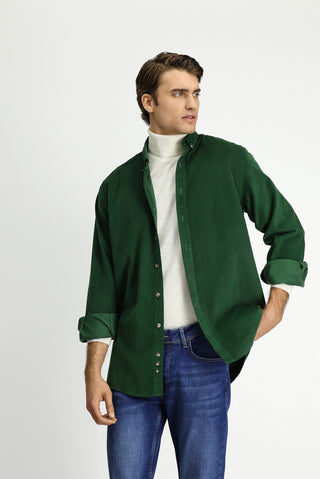  Koyu Yeşil Uzun Kol Regular Fit Spor Düğmeli Yaka Pamuk Kadife Gömlek