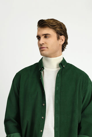 Koyu Yeşil Uzun Kol Regular Fit Spor Düğmeli Yaka Pamuk Kadife Gömlek