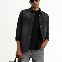 Siyah Uzun Kol Regular Fit Denim Pamuklu Gömlek