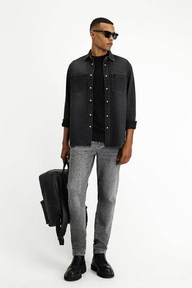  Siyah Uzun Kol Regular Fit Denim Pamuklu Gömlek