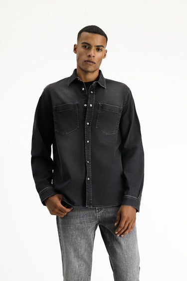 Siyah Uzun Kol Regular Fit Denim Pamuklu Gömlek