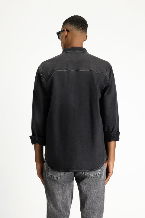 Siyah Uzun Kol Regular Fit Denim Pamuklu Gömlek