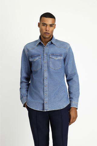  Koyu Lacivert Uzun Kol Regular Fit Pamuklu Denim Gömlek