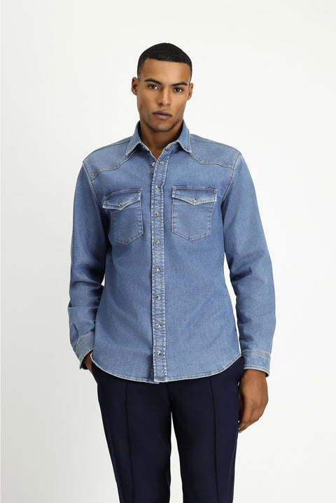 Koyu Lacivert Uzun Kol Regular Fit Pamuklu Denim Gömlek