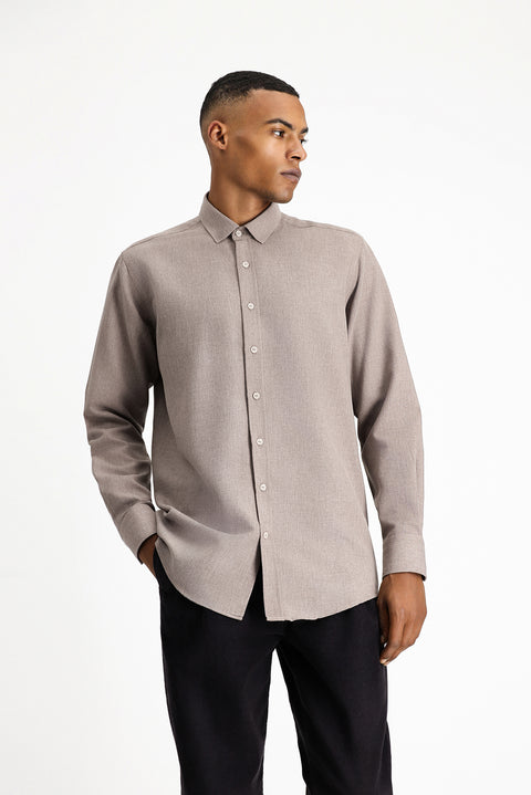 Koyu Kahve Uzun Kol Regular Fit Pamuklu Kolay Ütülenebilir Spor Gömlek