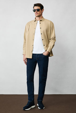  Orta Bej Uzun Kol Oversize Pamuklu Utility Gömlek / Mont