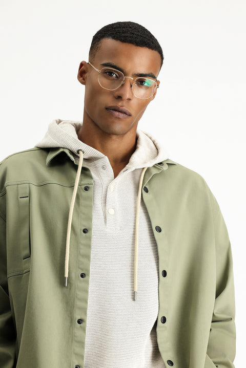 Açık Haki Uzun Kol Oversize Pamuklu Utility Gömlek / Mont
