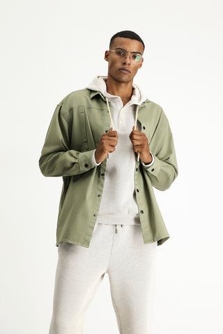  Açık Haki Uzun Kol Oversize Pamuklu Utility Gömlek / Mont