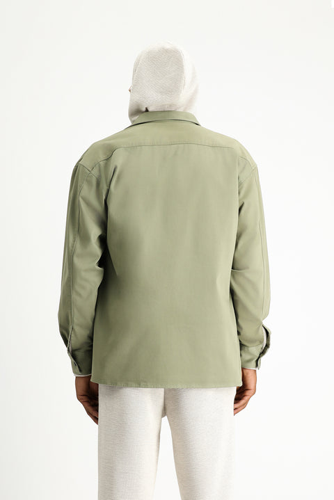 Açık Haki Uzun Kol Oversize Pamuklu Utility Gömlek / Mont