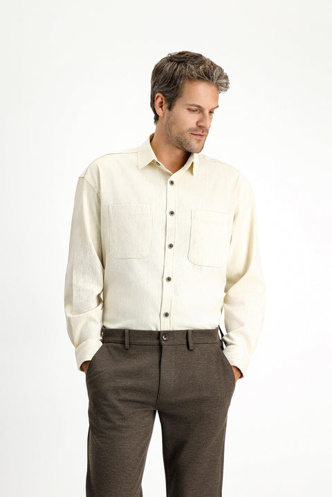 Açık Bej Uzun Kol Oversize Pamuklu Oduncu Gömlek