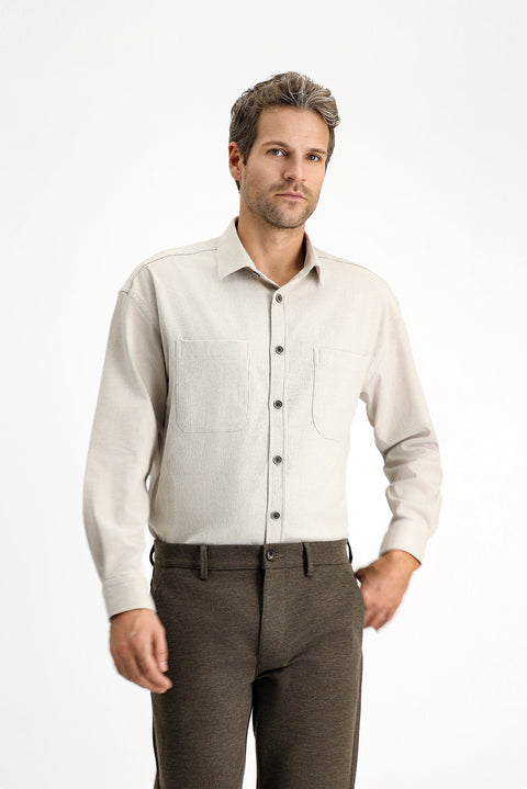 Açık Vizon Uzun Kol Oversize Pamuklu Oduncu Gömlek