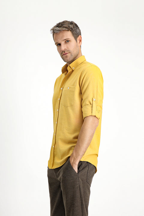 Hardal Uzun Kol Regular Fit Spor Düğmeli Yaka Gömlek