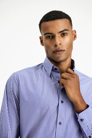  Orta Lacivert Uzun Kol Klasik Çizgili Pamuk Gömlek