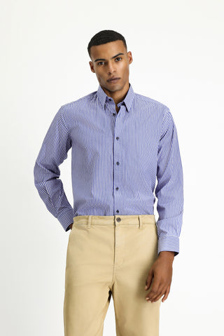  Orta Lacivert Uzun Kol Klasik Çizgili Pamuk Gömlek