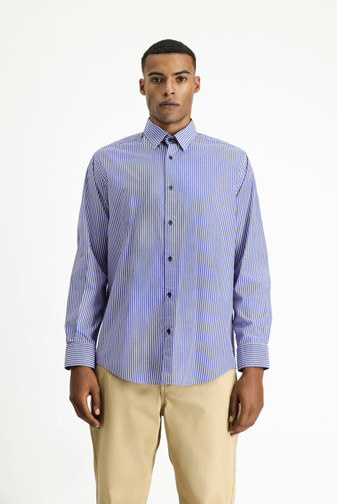 Orta Lacivert Uzun Kol Klasik Çizgili Pamuk Gömlek