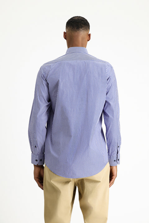 Orta Lacivert Uzun Kol Klasik Çizgili Pamuk Gömlek