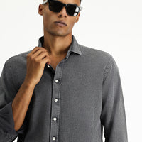 Orta Antrasit Uzun Kol Regular Fit Çizgili Pamuk Gömlek