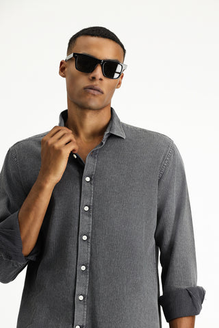  Orta Antrasit Uzun Kol Regular Fit Çizgili Pamuk Gömlek