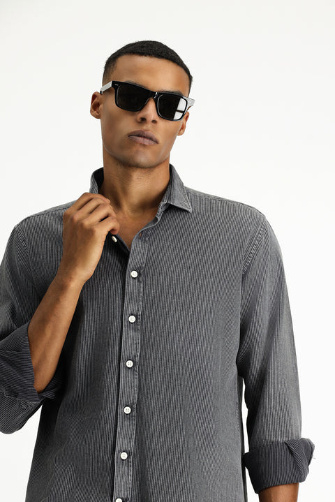 Orta Antrasit Uzun Kol Regular Fit Çizgili Pamuk Gömlek